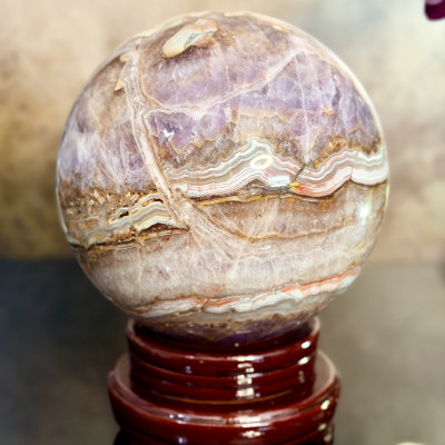 Chevron  "Dream" Amethyst & Agate Sphere — 15 cm | 7.36 kg | Statement Piece | Wood Stand Included