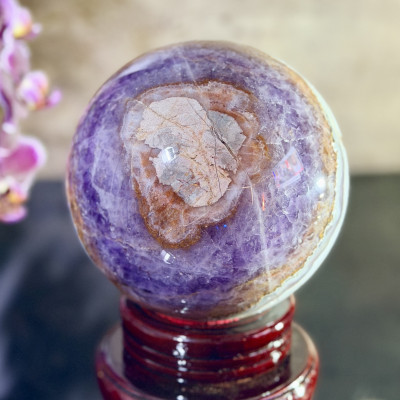 Chevron  "Dream" Amethyst & Agate Sphere — 12 cm | 3.4 kg |  Wood Stand Included
