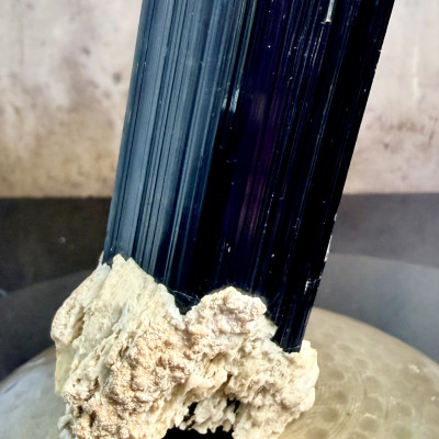 Black Tourmaline Crystal on Feldspar Matrix — Tall Striated Column
