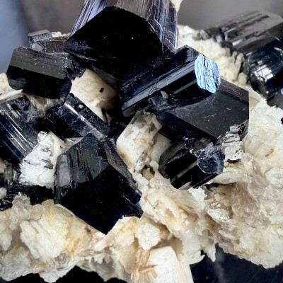 Black Tourmaline Crystal Cluster on Feldspar & Muscovite Matrix — Multi-Crystal Schorl Specimen